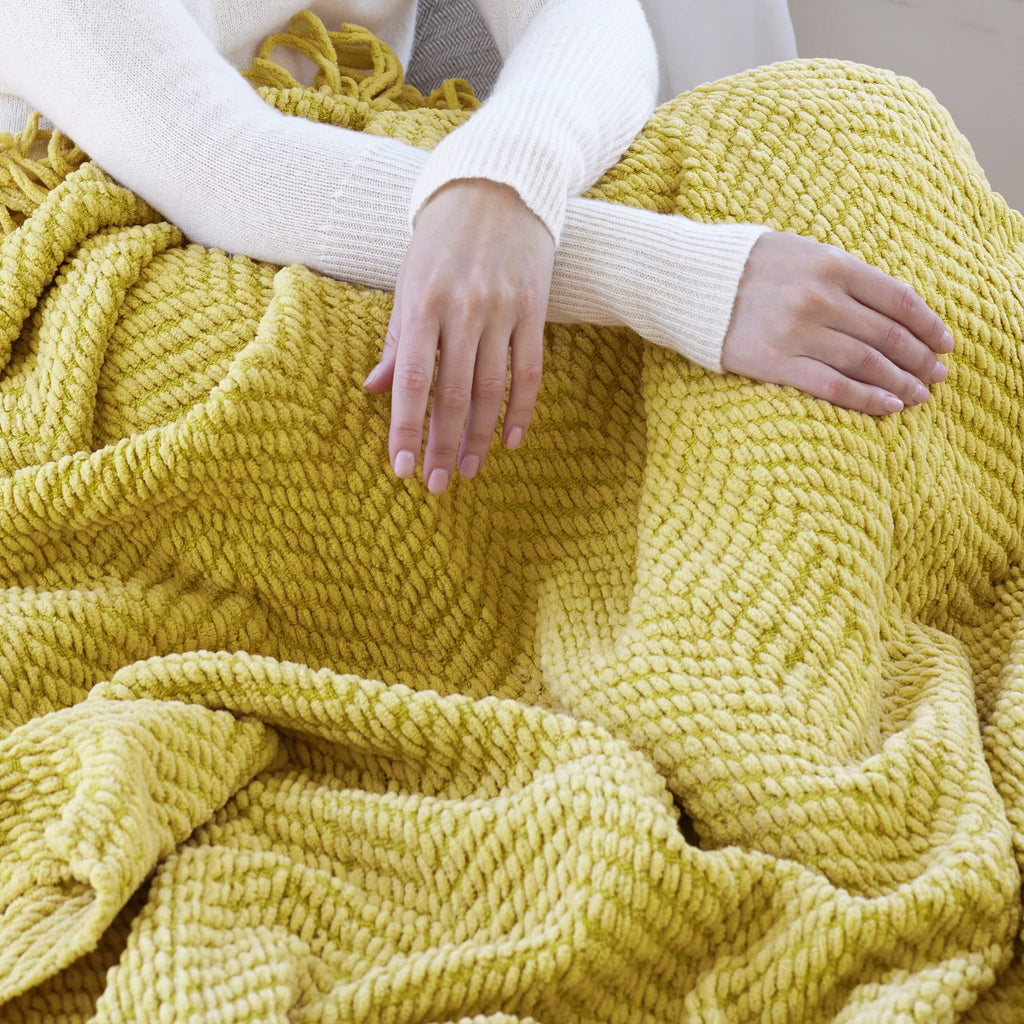 Throw Blanket for Couch Soft Knitted Textured Couch Cover Yellow Tweed Blanket with Fringe Tassel Décor Bed Sofa