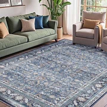 Vintage Blue Area Rugs 9x12, 9 x 12 Retro Washable Rug Non Slip, Low-Pile Faux Wool Carpet, Distress