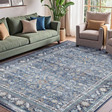 Vintage Blue Area Rugs 9x12, 9 x 12 Retro Washable Rug Non Slip, Low-Pile Faux Wool Carpet, Distress