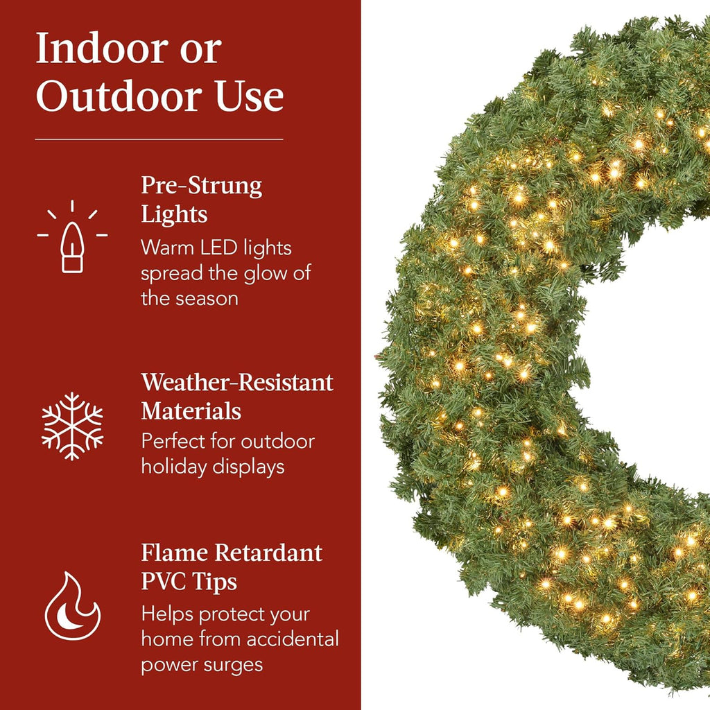 24in Large Artificial Pre-Lit Fir Christmas Wreath Holiday Accent Decoration for Door, Mantel w/Red Lighted Bow, 70