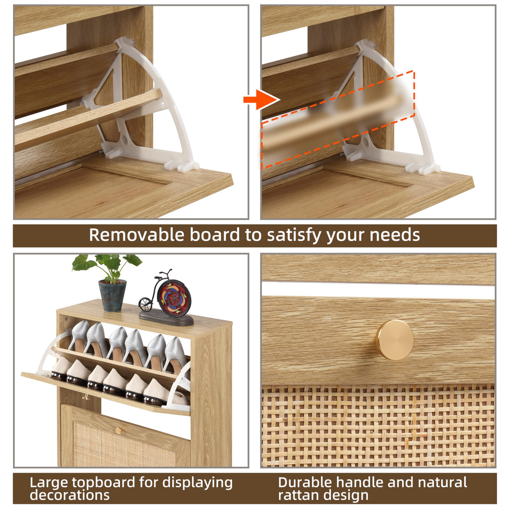3 Tier Shoe Cabinet with Natural Rattan Flip Drawers, Free Standing Slim Shoe Storage Organizer with Large Top