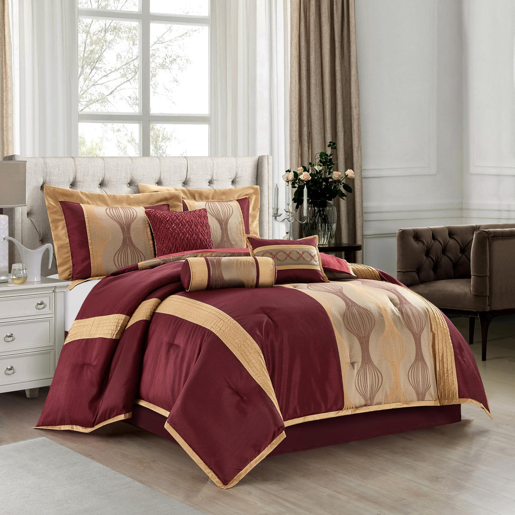 Wine Gold 7 Pieces Lightweight Microfiber Bed-in-a-Bag Comforter Bedding Set, Jacquard Queen Comforter Set, All