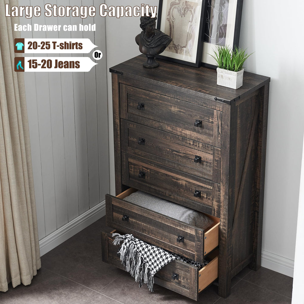 48" Tall Farmhouse 5-Drawer, Dark Rustic Oak