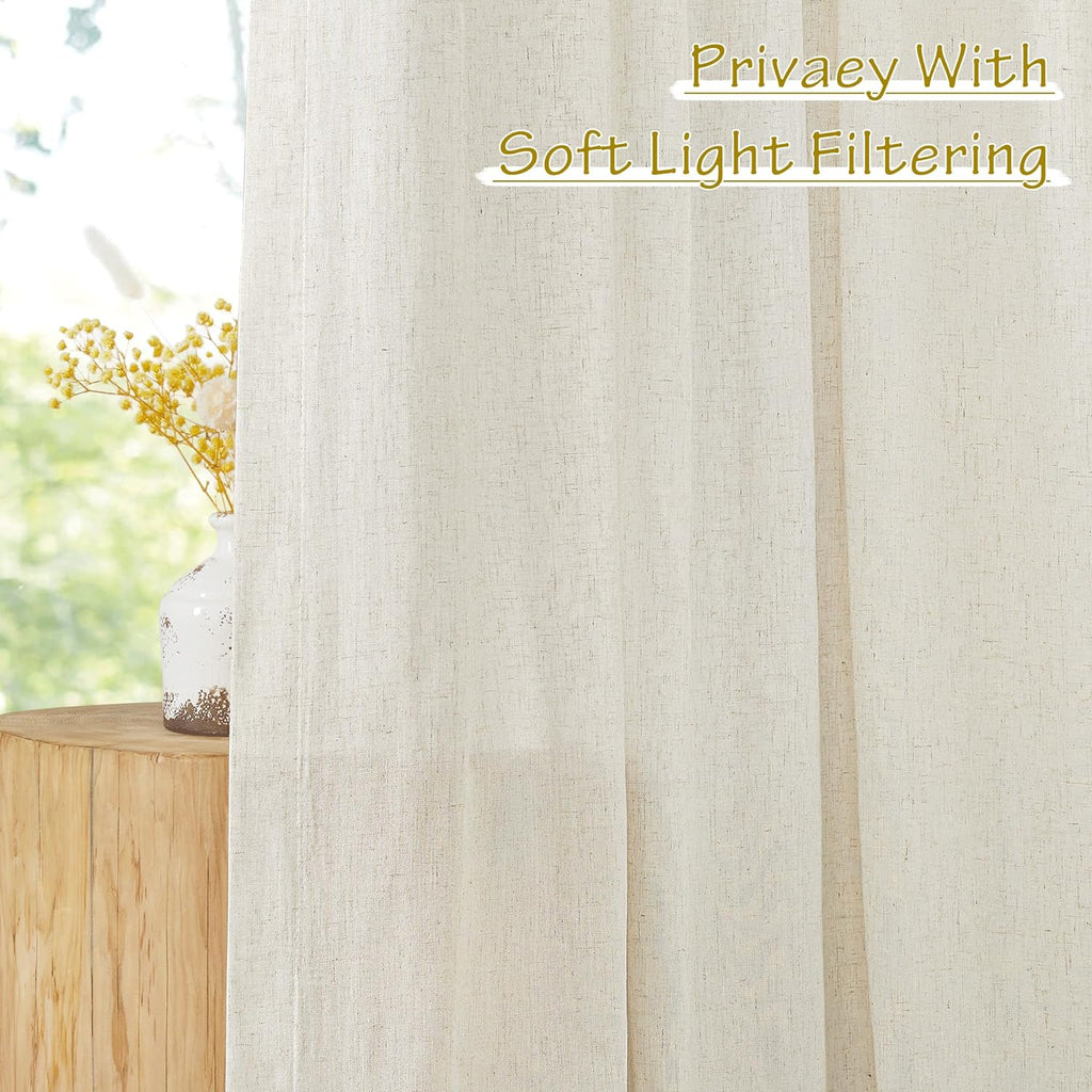 Natural Linen and polyester 102 inch Curtains, Back Tab & Rod Pocket with Pleat Tab Privacy Added with Light