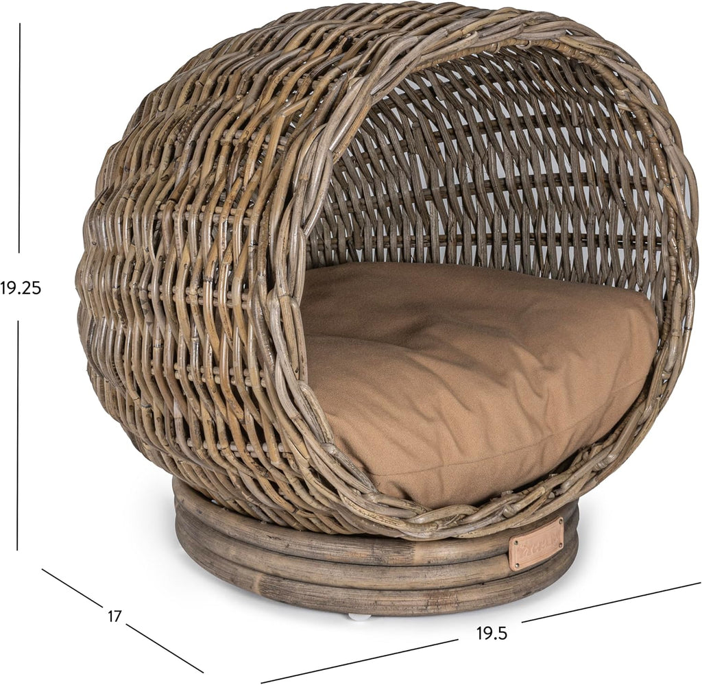 Socket Dome 19.5" x 17" Bohemian Handwoven Rattan Cat Bed with Machine-Washable Cushion, Kubu Gray