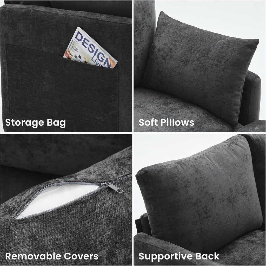 Sectional Couch , Comfy L Shaped Convertible Sofa, 4 Seater Modern Chenille Sofa with Ottoman,Black