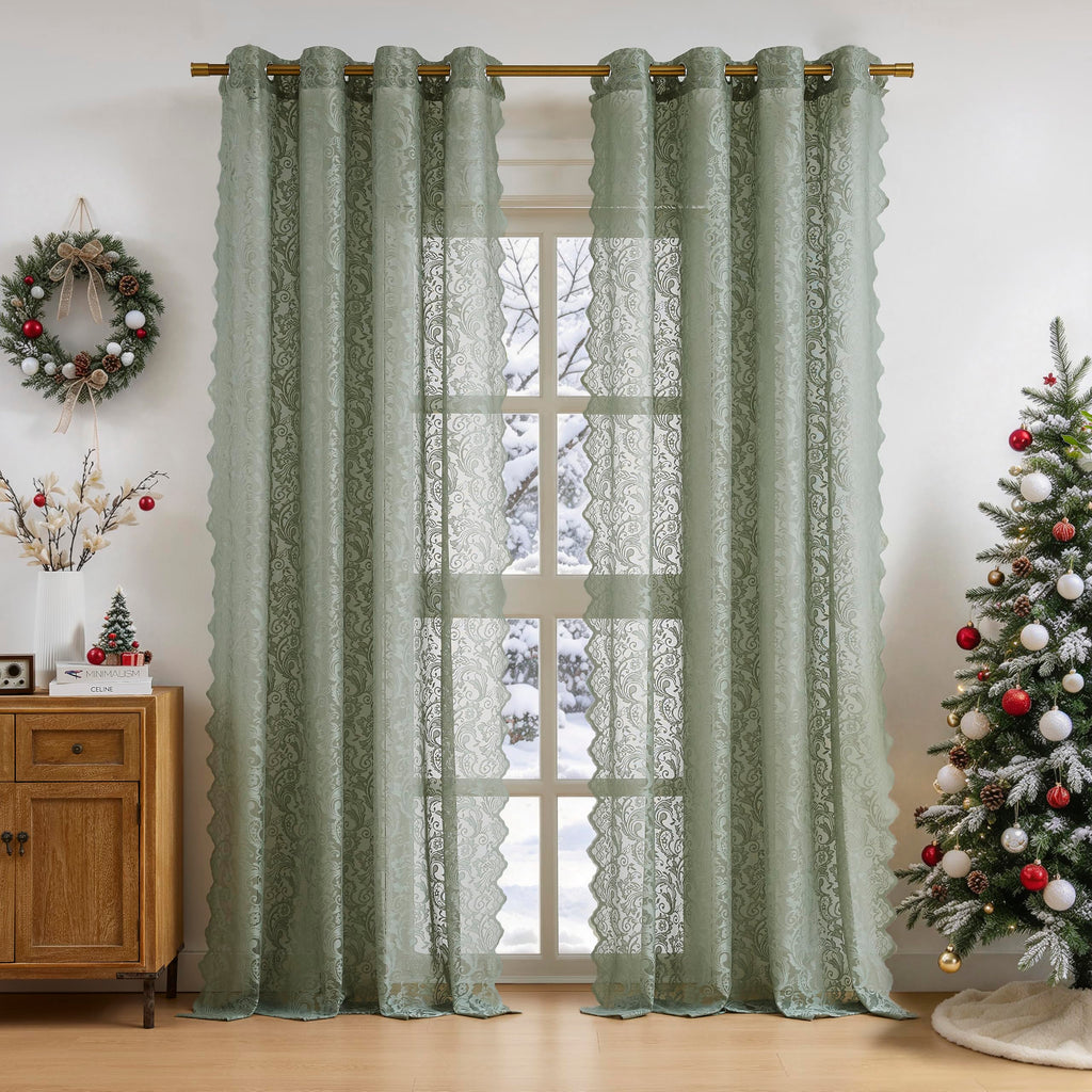 Sage Green Lace Sheer Curtains Small Window Boho Vintage Floral Embroidered Drapes with Scalloped Edge, Light