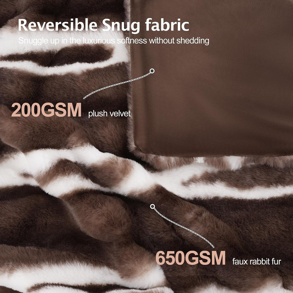 Faux Rabbit Fur Throw Blanket, Plush Fuzzy Blanket, 60" × 80", Brown | 850GSM Thick Warm Fluffy Blanket for Couch