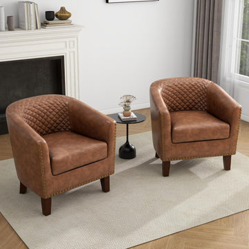 PU Leather Barrel Accent Chairs, Upholstered Armchair, Brown - Set of 2