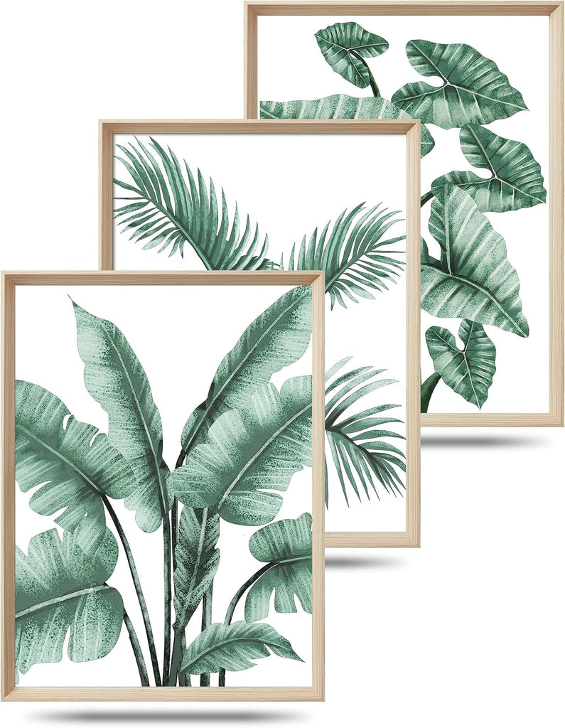 Framed Wall Art(No Plexiglass), Abstract Green Palm and Eucalyptus Leafs Canvas Wall Art, High-end 16x12in Wood Wall