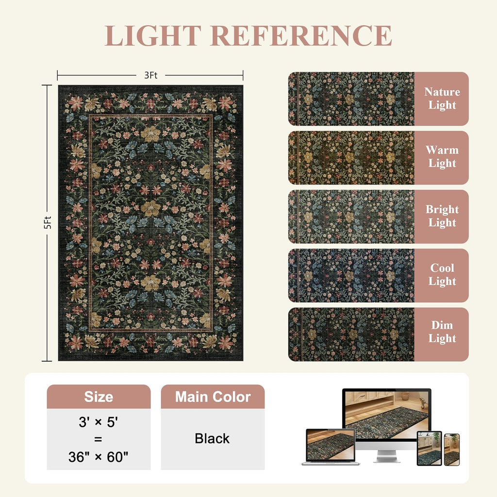 3x5 Area Rug, Vintage Floral Washable Rug for Bedroom with Non Slip Design, Soft Low Pile Indoor Sma