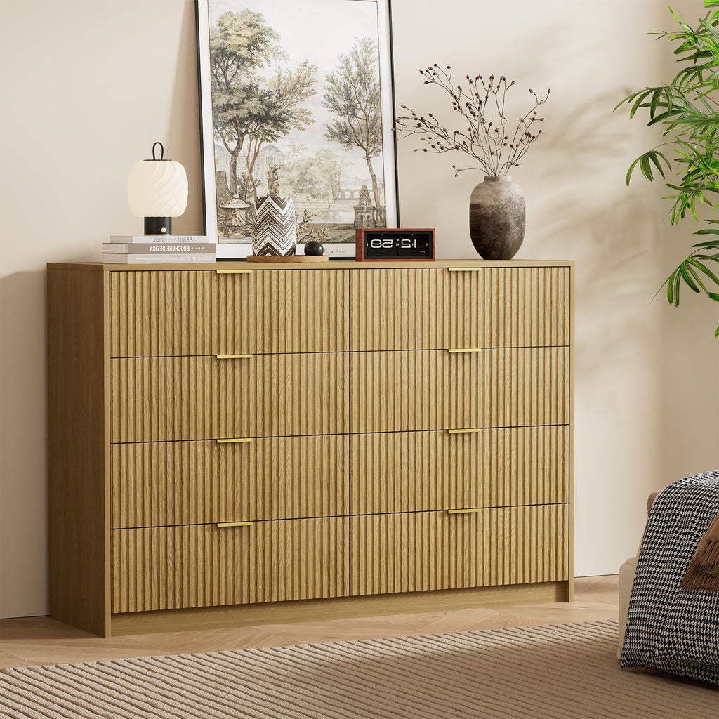 55" Wide Fluted Dresser with 8 Drawers, Natural Oak