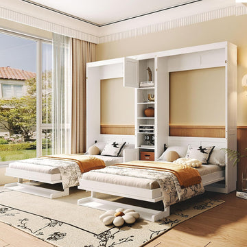 Dual Twin Murphy Bed with Cabinets and Shelves, Space Saving Wall Bed with Storage, Foldable Twin Beds with
