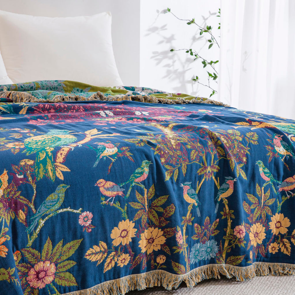 90"x98" Bohemian Floral Muslin Blanket Throw Blue Birds Gauze Quilt Bedspread Farmhouse Rustic Vintage Cottage Woven