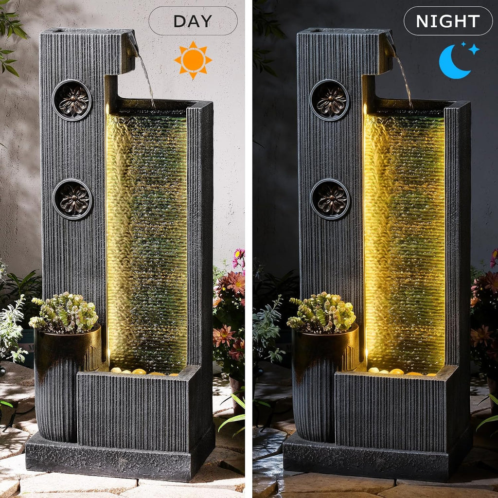 37’’ Tall Waterfall Fountain Indoor Modern Outdoor Water Fountains with LED Light,Vertical Striped Texture Floor