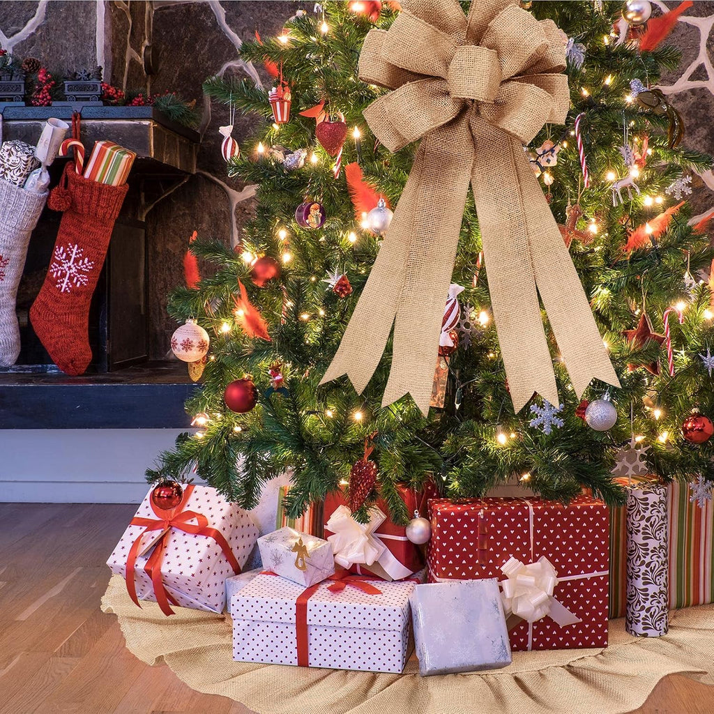 Burlap Christmas Tree Topper with 39.4 Inch Ruffle Christmas Tree Skirt and 34 Inch Large Vintage Ribbon Bow - Set of 2