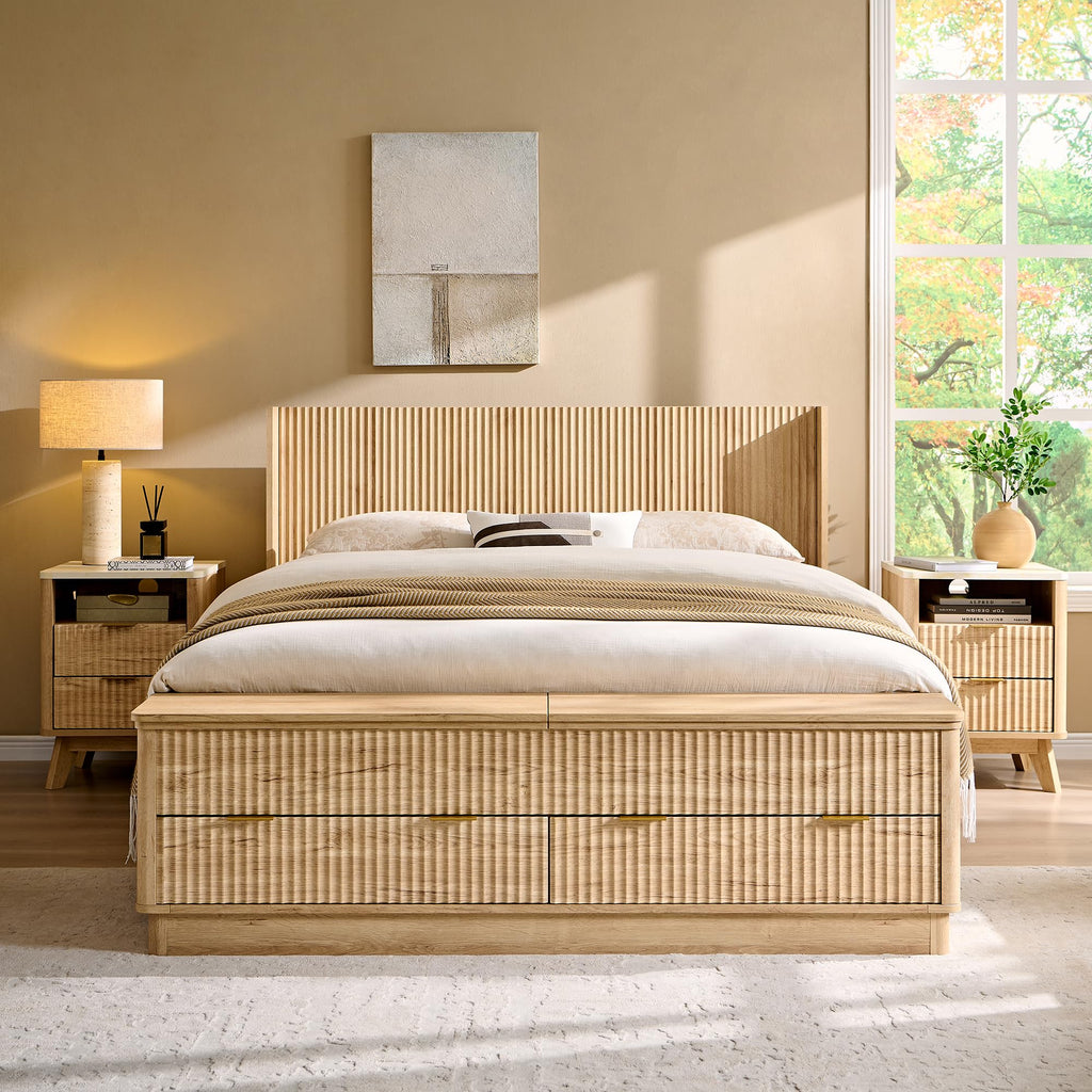 Fluted Queen Bed with Headboard and Storage Bench, Natural Oak