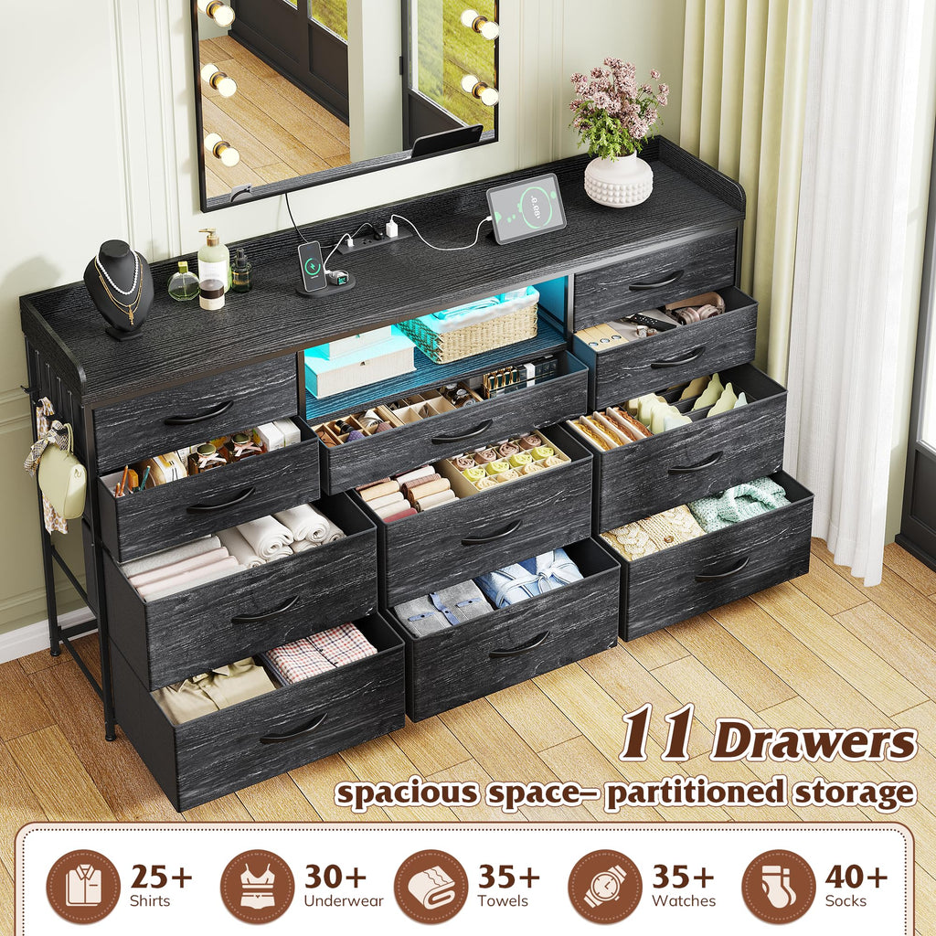 LED Dresser with 11 Drawers & Power Outlets, Black