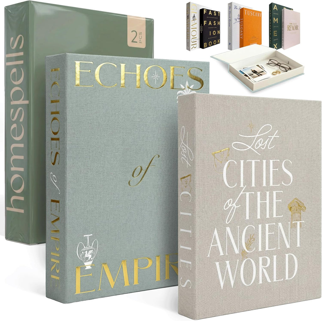 Decorative Books Decor - Beige & Sage Linen Faux Books for Decoration: Aesthetic Fake Book Shelf, Living Room