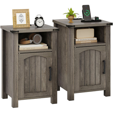 Farmhouse Nightstand with Charging Station, Set of 2, Misty Gray