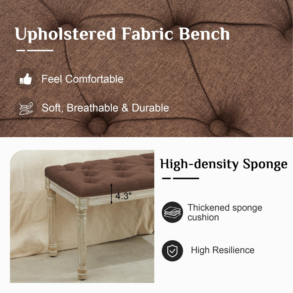 43.9" Linen End of Bed Bench, Vintage Bedroom Bench, Brown