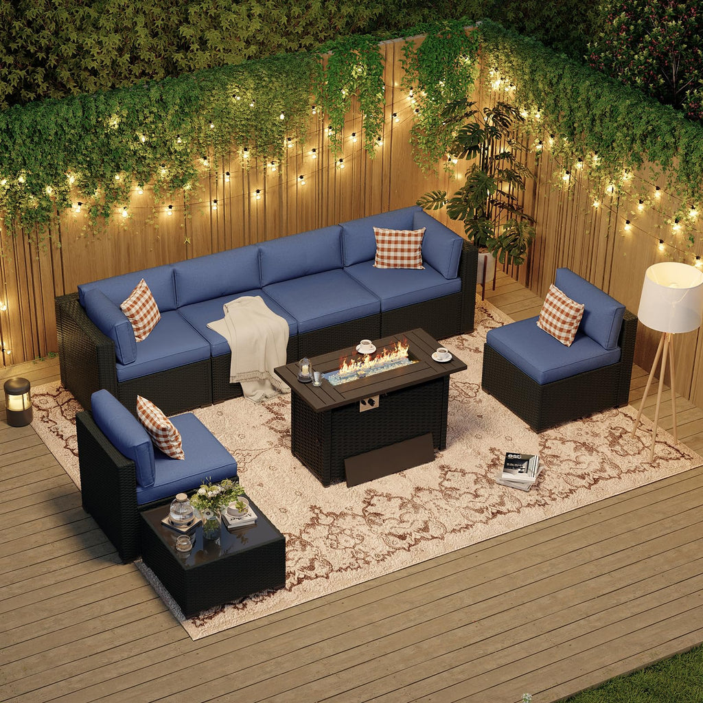Patio Furniture Set with Fire Pit Table, 8 PCS Outdoor Sectioanl Sofa