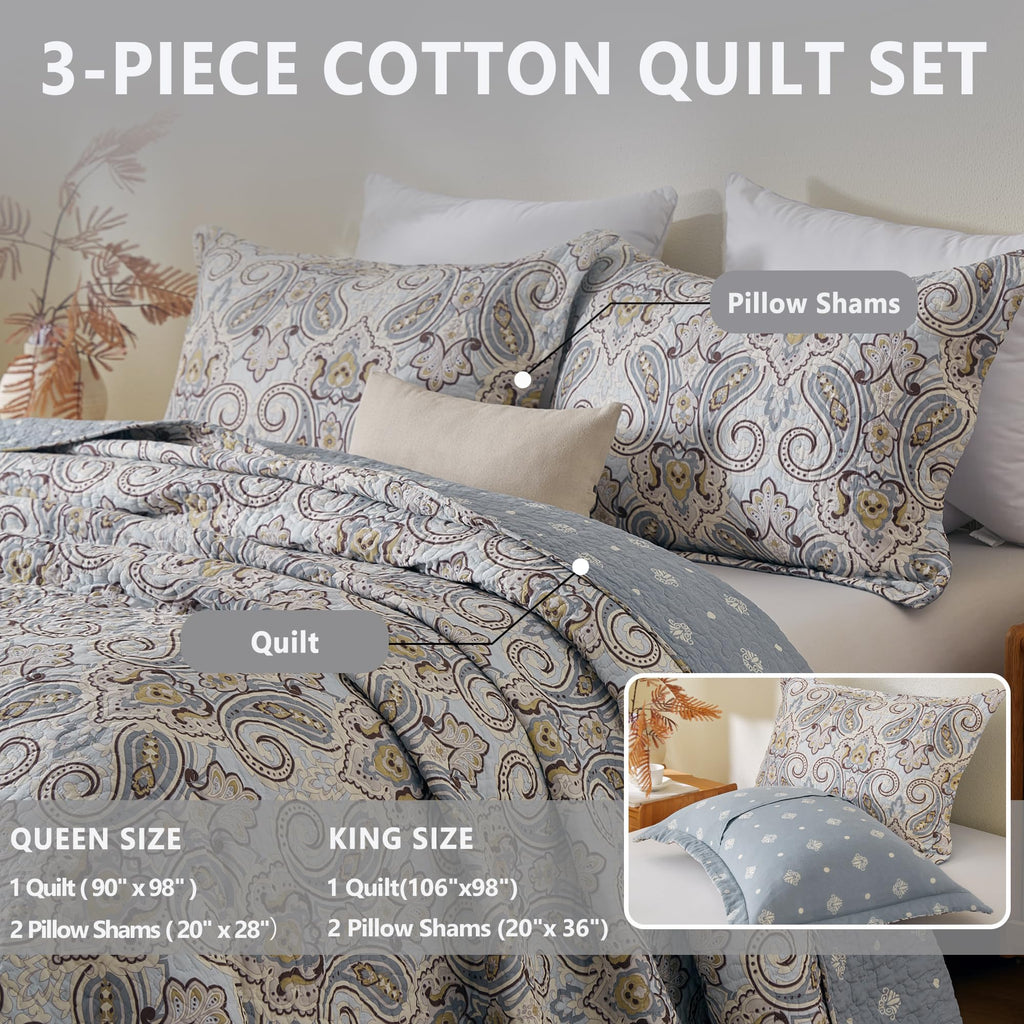 Paisley Quilt Set - 100% Cotton Bedding Blue/Gray/Taupe 3Pcs