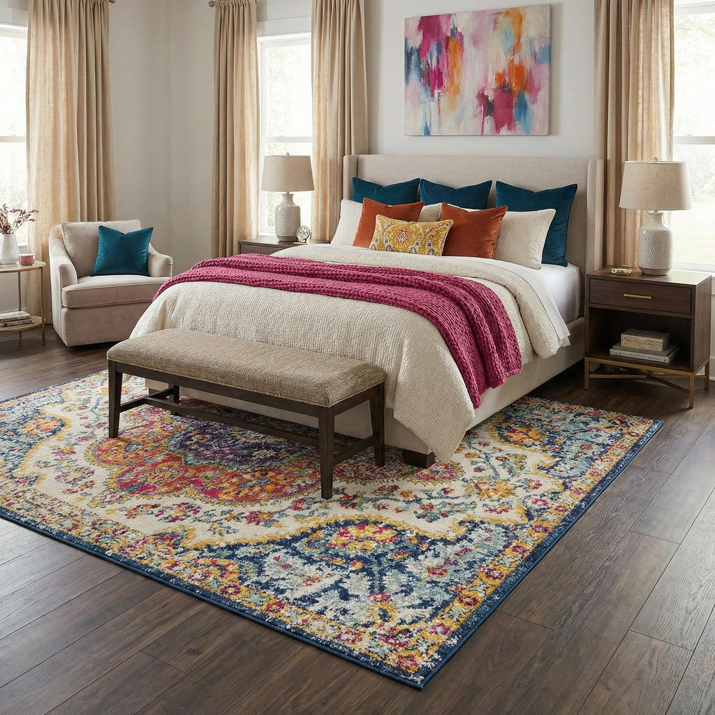 Light Gray Vintage Persian-Style Medallion Large Area Rug Traditional White Fuchsia Mustard Orange Sky Blue Navy
