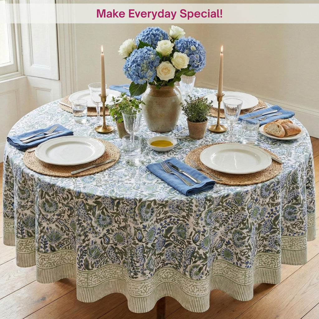 Cotton Blockprint Round Tablecloth, Clover Blue, 72 Inches