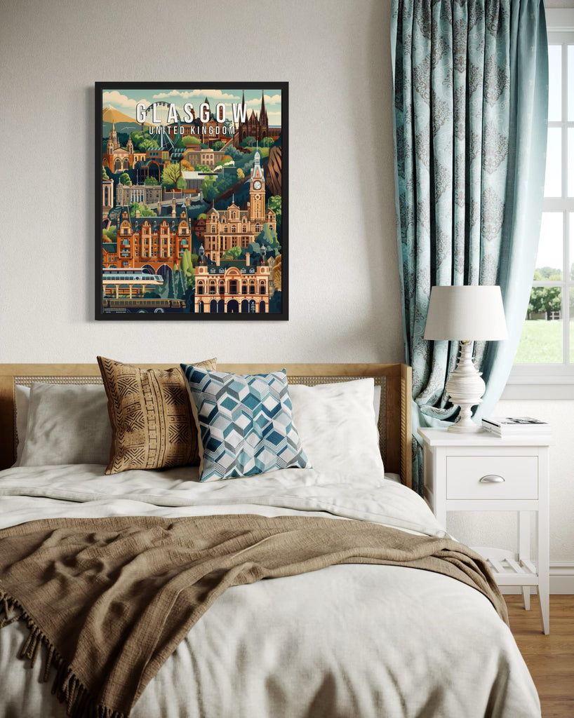 Glasgow United Kingdom Black Framed Print Poster, Europe City Skyline Artwork Painting Wall Vintage Painting Bathroom