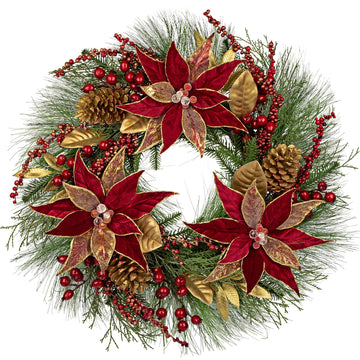 Poinsettia Wreath Red Christmas Wreath Outdoor 24inch Christmas Wreaths Large for Front Door Wreaths with Poinsettia