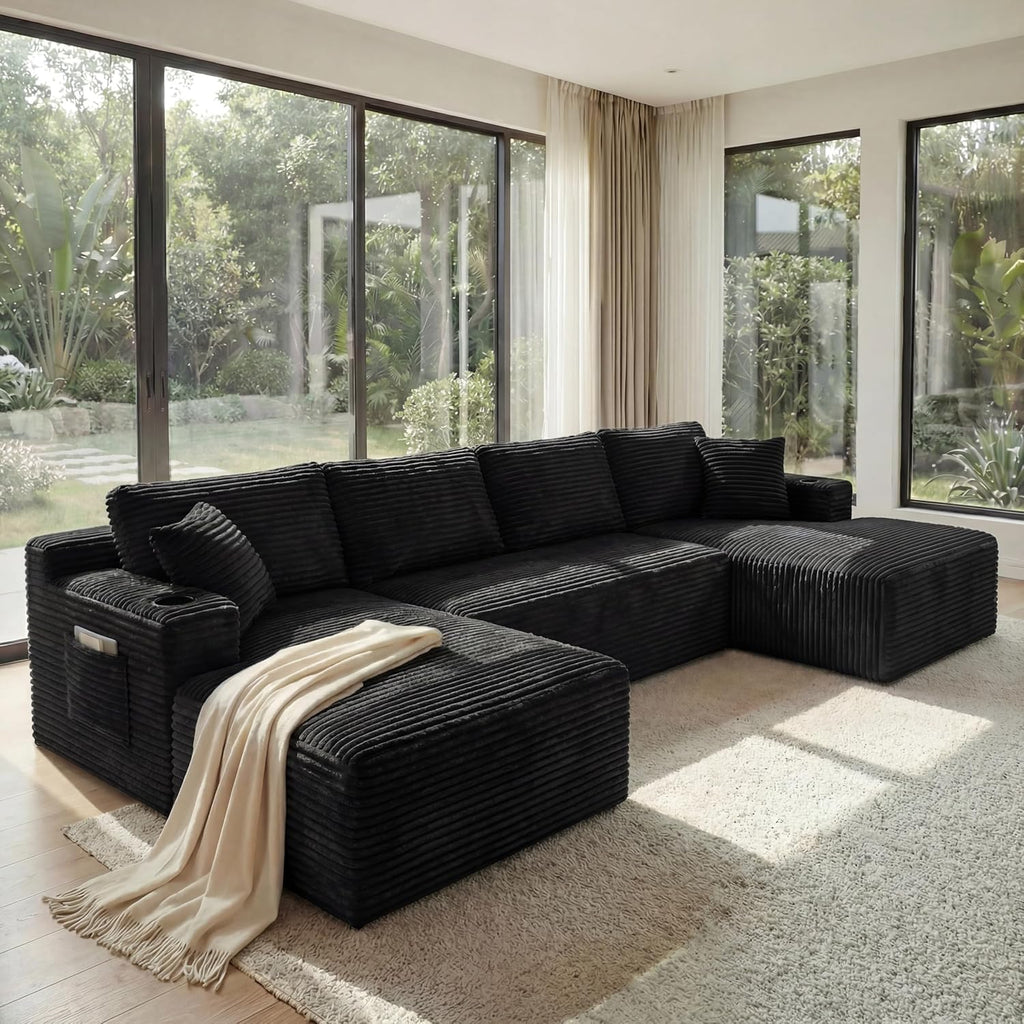 133" Oversized Cloud Boneless Sofa Couch with Chaise, Modern Corduroy U Shaped Modular Sectional Sofa with Deep Seat