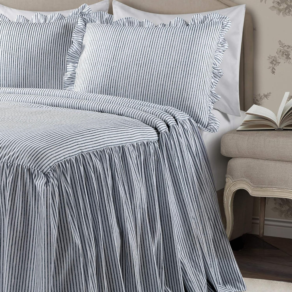 Stripe Bedspread King 3 Piece Set Navy - Ruffle Bedding Set King Bedspreads - Striped Bedding - Farmhouse &