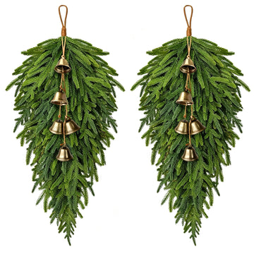 2 Pcs Christmas Swag with Bells, 28" Norfolk Pine Teardrop Door Swag
