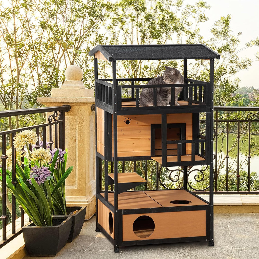 3-Story Wooden Outdoor Cat House w/Raised Floor, 5 Doors Yellow