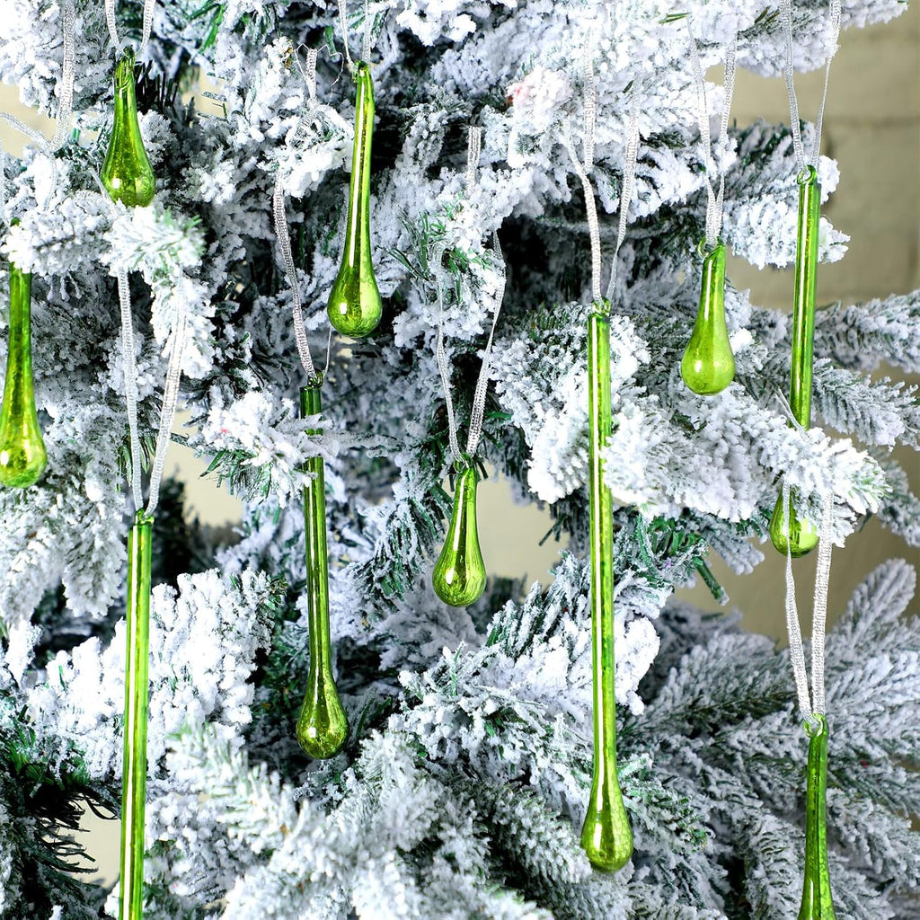 12 Pcs Mercury Glass Teardrop Icicle Christmas Ornaments, Green