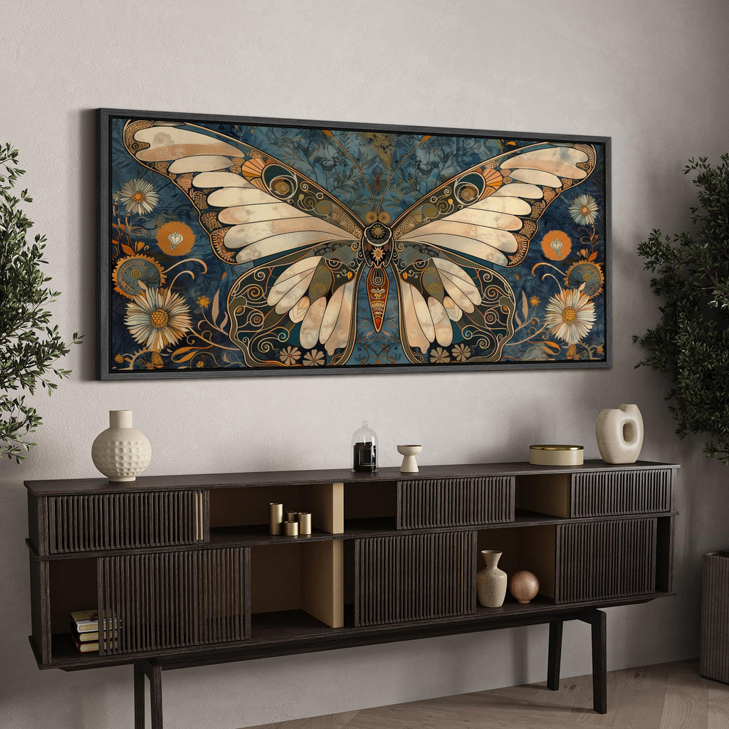 Extra Large Framed Canvas Ornate Butterfly and Flowers Vintage Style Illustrations Modern Art Calm Warm - 60"" x30
