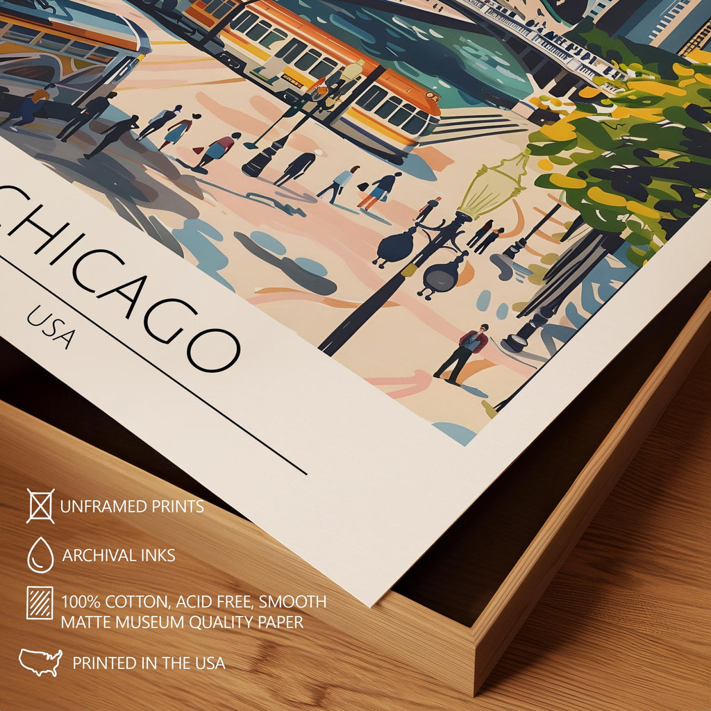 Chicago Travel Poster, Premium Giclee Fine Prints - Modern Watercolor Aesthetic Wall Decoration, Eclectic Trendy Boho