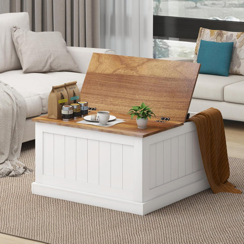 Farmhouse Coffee Table, Square Wood Center Table with Large Hidden Storage Compartment