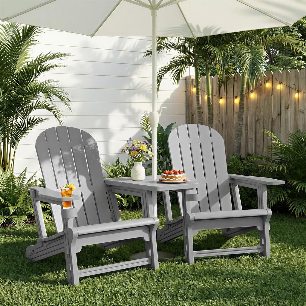 JY QAQA Outdoor Adirondack Chair Set of 2, All-Weather HDPE Patio Furniture with Detachable Table, Wood Texture & Cup