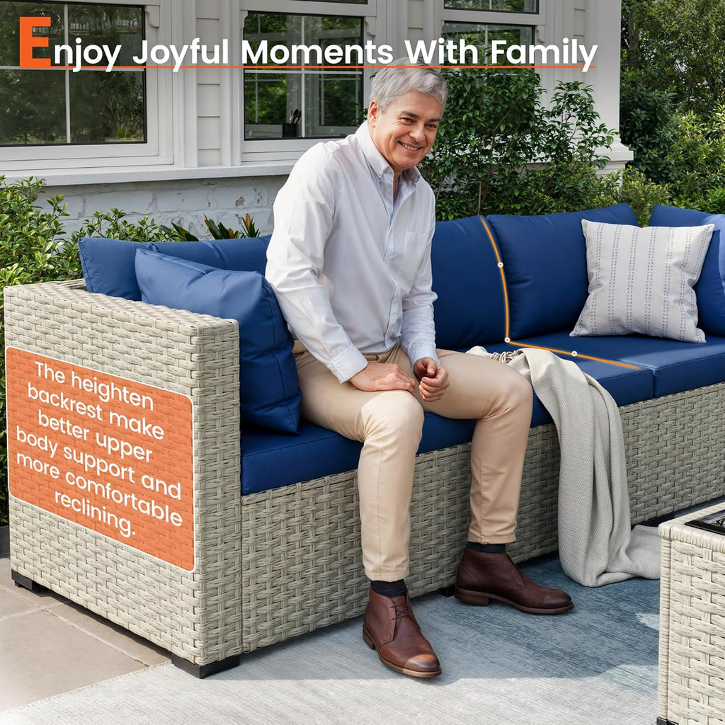 Patio Furniture Set, 7-Piece Outdoor Sectional All-Weather Wicker Patio Conversation Set for Backyard (Navy Blue