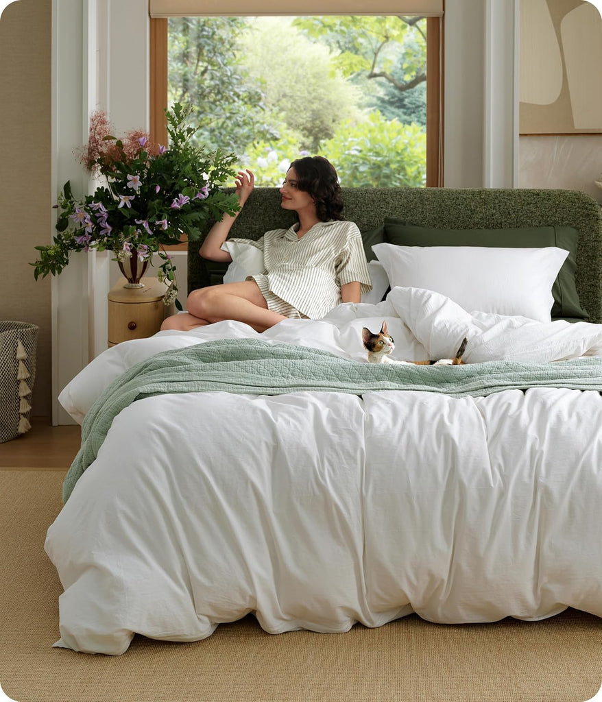 100% Washed Cotton Duvet Cover King - Natural White Minimalist Bedding Set Linen Like - PureWoven Plain Simple & Soft
