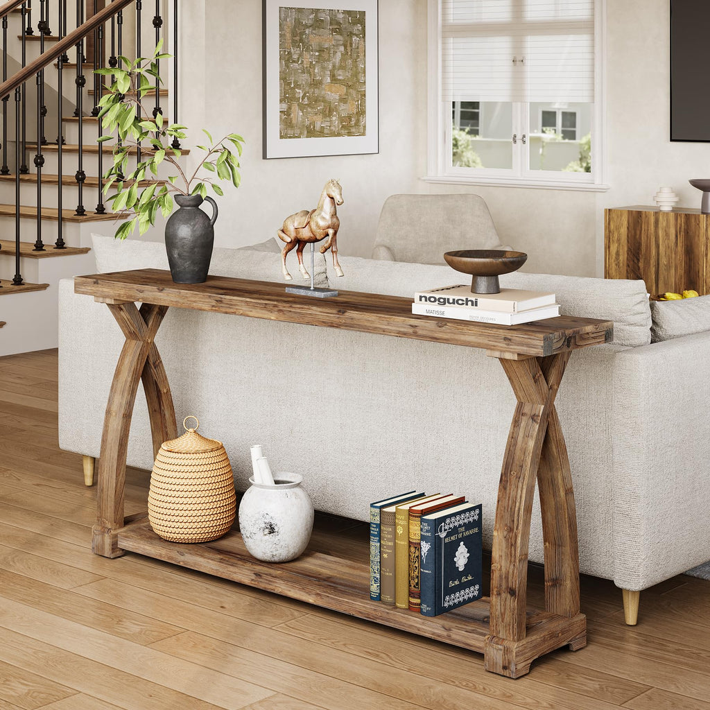 Solid Wood Console Table, 63-Inch Narrow Farmhouse Couch Table Behind Sofa with 2-Tier Storage for Entrance, Foyer