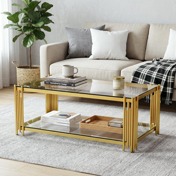 43" Luxury Gold Coffee Table with Clear Glass Tabletop & Gold Base