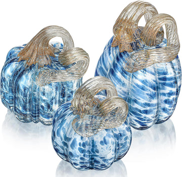 Blown Glass Blue Pumpkins Fall Harvest Halloween Table Decor - Set of 3
