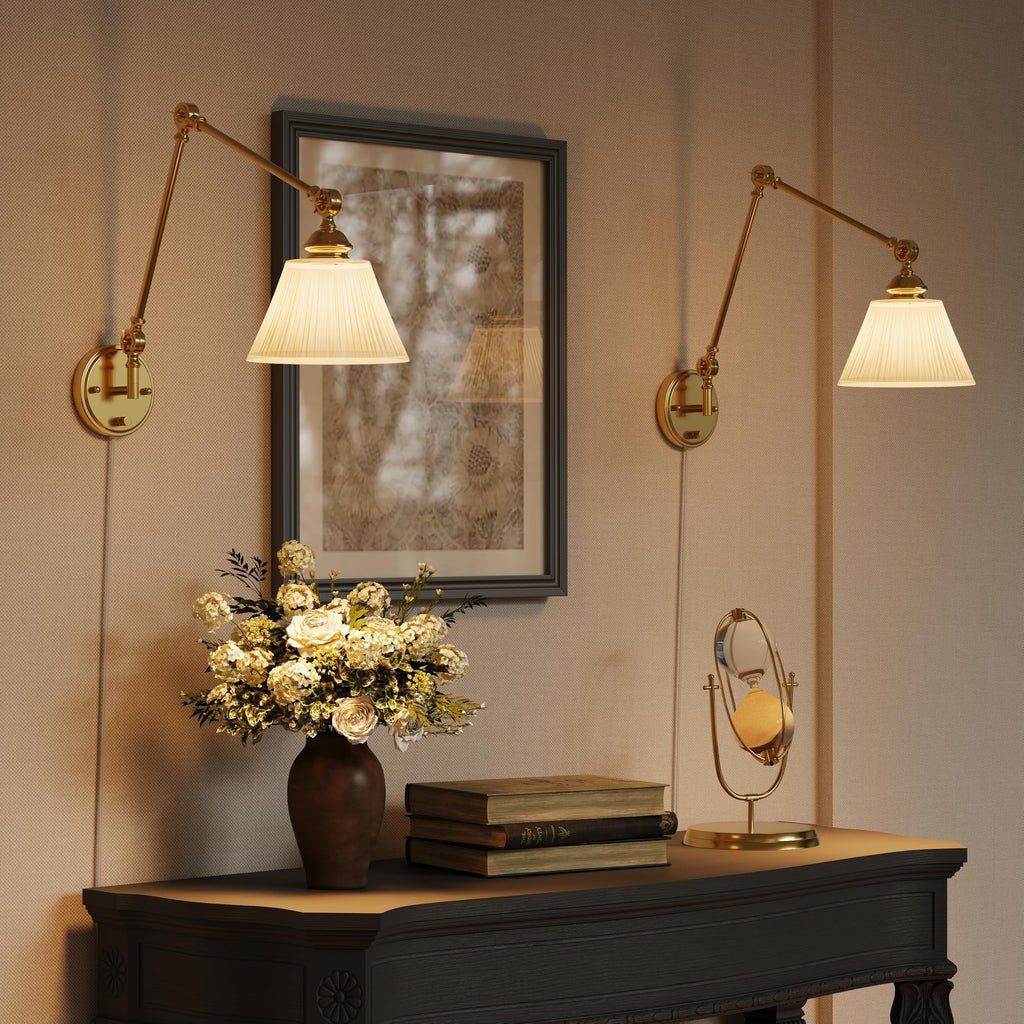 Plug in Wall Sconces Set of Two, Gold Swing Arm Wall Lamp with 6.6FT Plug-in Cord and Knob Switch, Fabric Hardwired