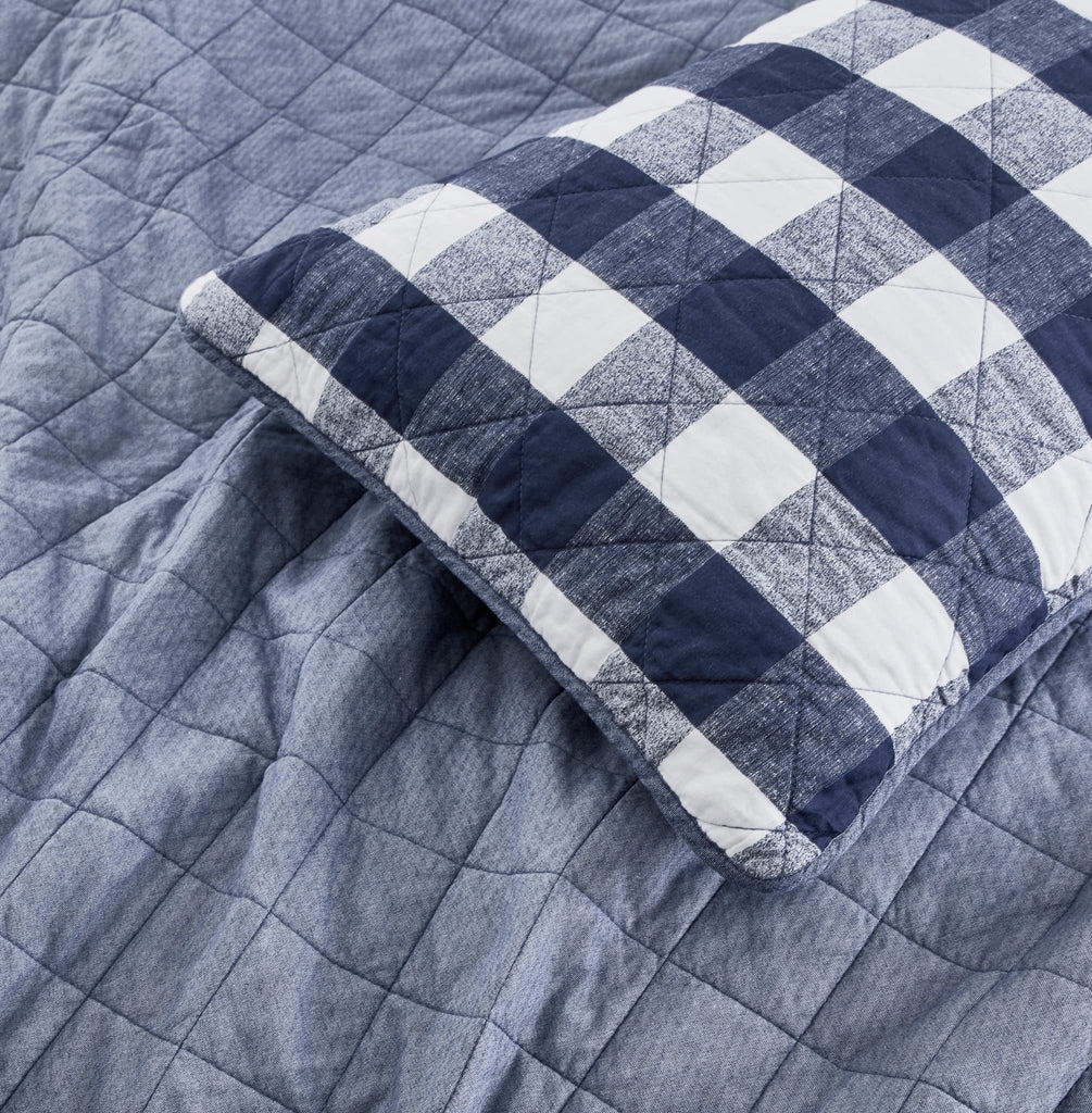 3-Piece Blue White Plaid Cotton Quilt Set - Buffalo Check Solid Reversible Bedspread - Pre-Washed Cotton Lightweight