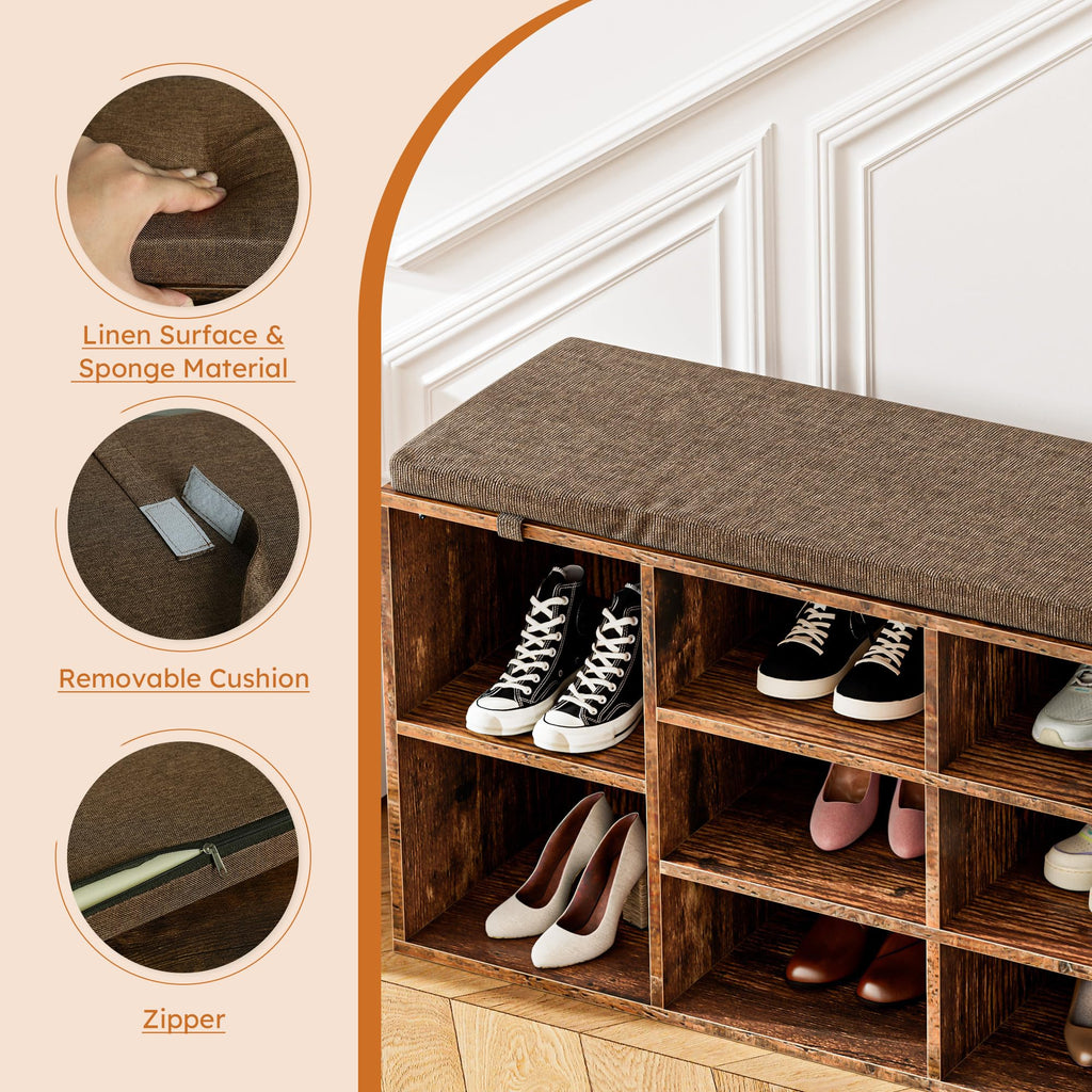 Shoe Storage Bench with Cushion, 41'' Long Entryway Bench with 10 Compartments Shoe Rack, Multifunctional Cubby