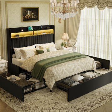 Queen Upholstered Platform Bed Frame with 3 Spacious Storage Drawers, Built-in LED Lights & Charging Station