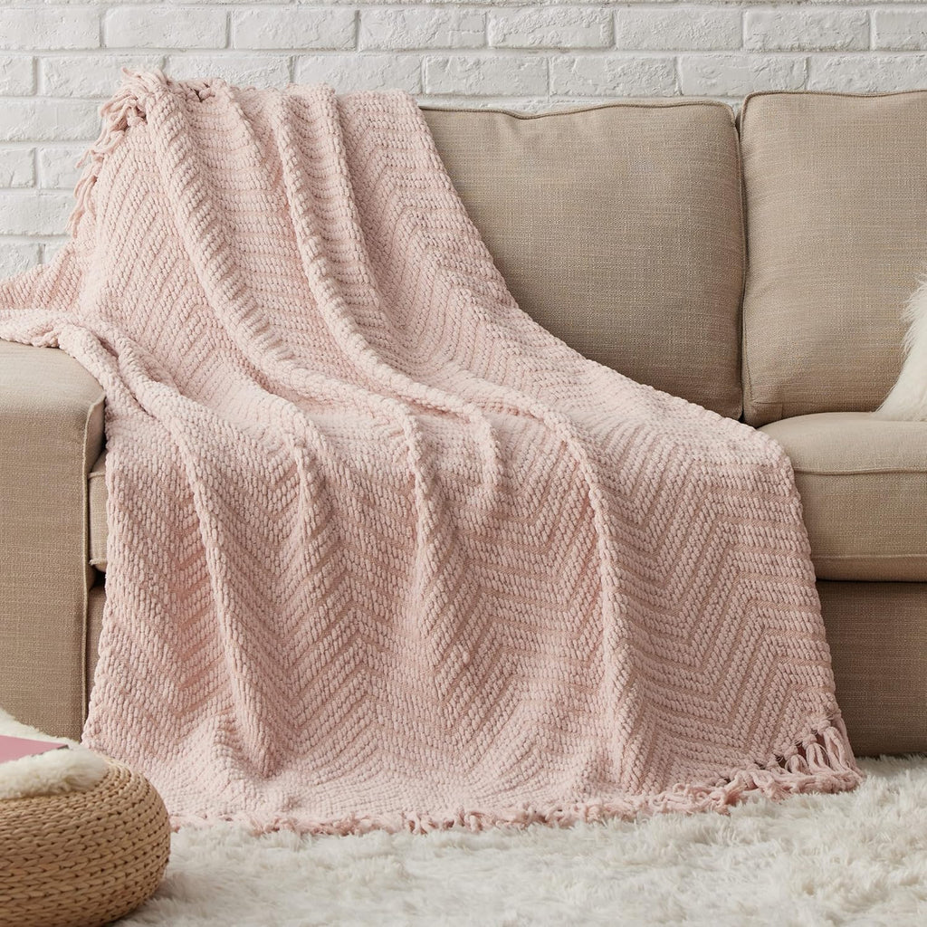 Spring Throw Blankets, Warm Decorative Boho Throw with Tassels, Light Pink, 50x60 Inches